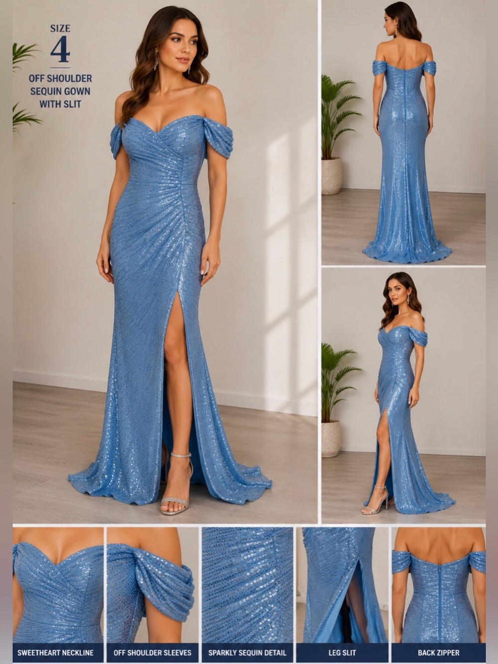 Women’s Sparkly Blue Formal Dress Size 4 Off Shoulder Prom Gown with Leg Slit
